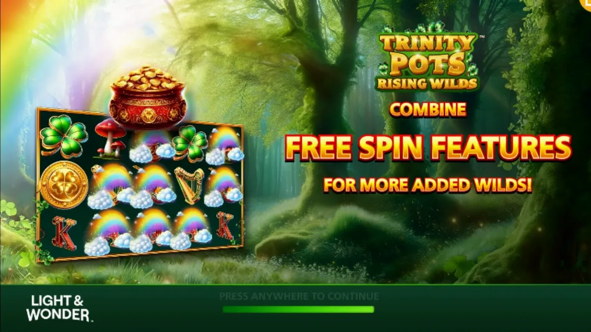 Interface do jogo Trinity Pots Rising Wilds com tema de sorte irlandesa